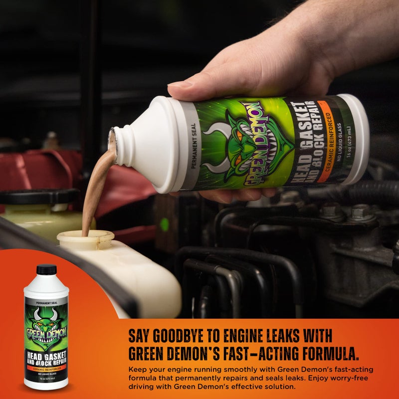 GREEN DEMON Head Gasket and Block Repair | Ceramic Reinforced Head Gasket Sealer | Advanced Coolant Leak DIY Permanent Repair | Engine/Cylinder Sealant | for Cars, SUVs, Trucks | 16oz - Image 4